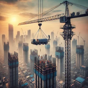Sebuah crane besar sedang mengangkat material berat di lokasi konstruksi