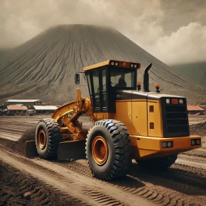 Motor Grader meratakan tanah di lokasi konstruksi dengan bilah besar untuk membentuk permukaan jalan yang rata