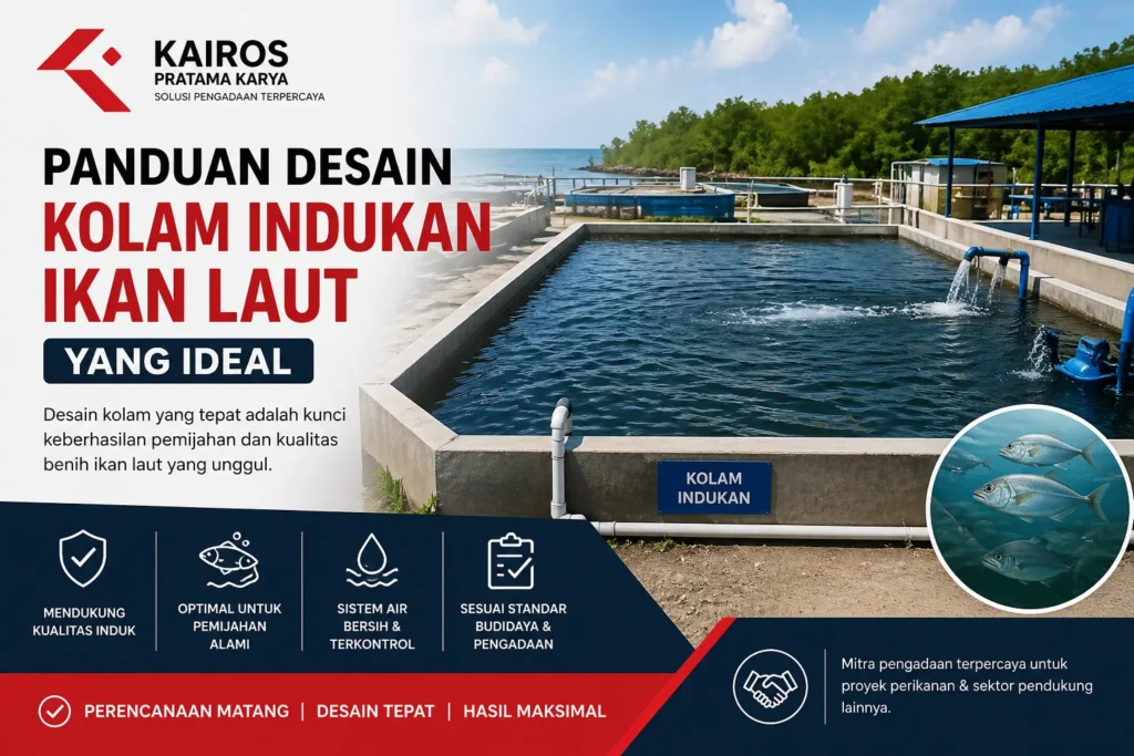 Desain kolam indukan ikan laut ideal dengan sistem sirkulasi air dan fasilitas budidaya modern oleh Kairos Pratama Karya