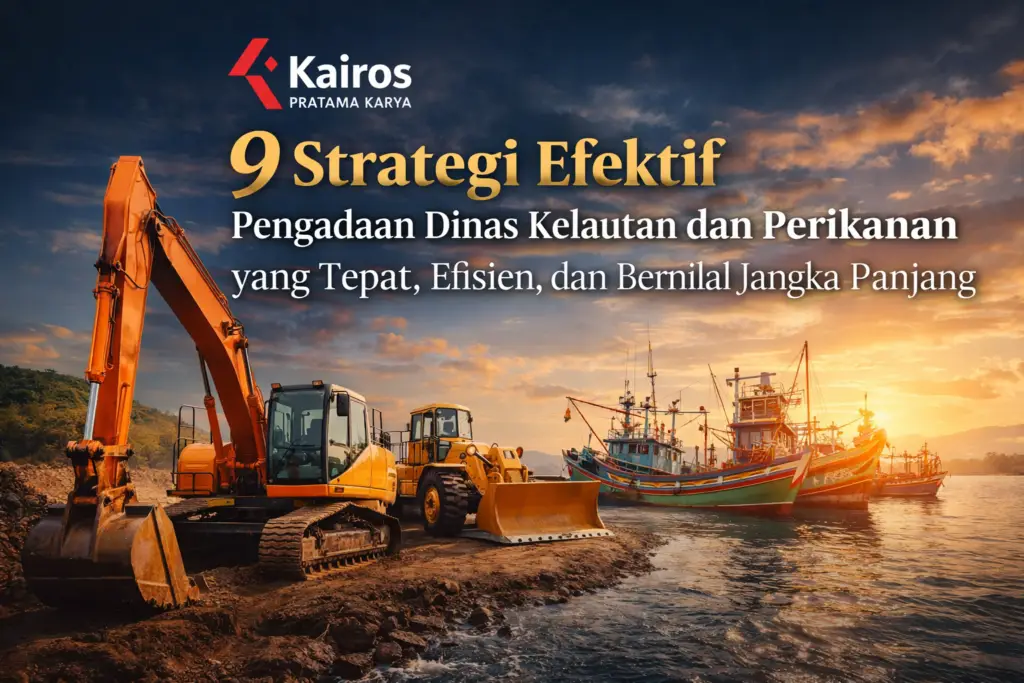 Ilustrasi pengadaan dinas kelautan dan perikanan dengan alat berat dan kapal nelayan modern oleh Kairos Pratama Karya