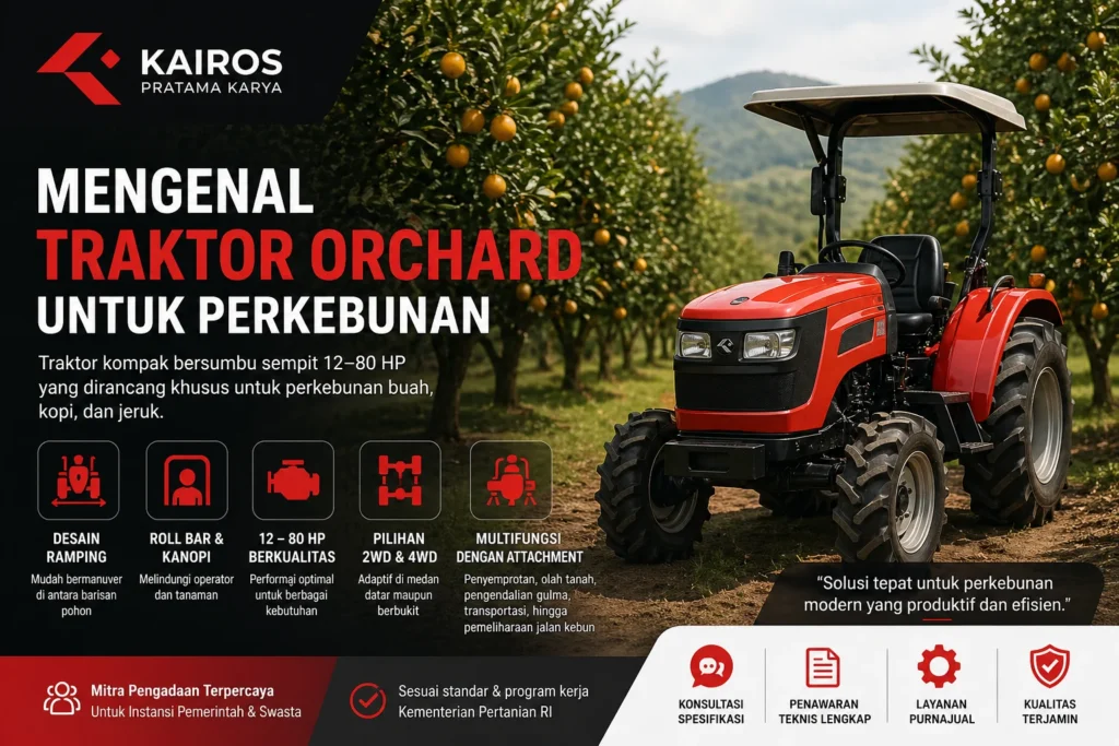 Ilustrasi traktor orchard modern untuk operasional perkebunan yang efisien