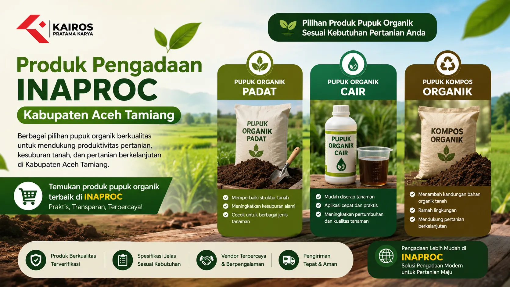 Banner Produk Pengadaan Inaproc Kabupaten Aceh Tamiang menampilkan berbagai jenis pupuk organik seperti pupuk padat, cair, dan kompos untuk mendukung pertanian berkelanjutan.