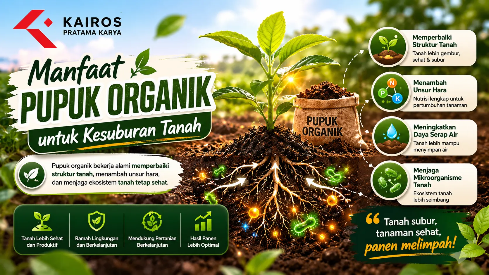 Banner manfaat pupuk organik dengan ilustrasi tanaman hijau, akar sehat, dan tanah subur untuk mendukung kesuburan tanah berkelanjutan.