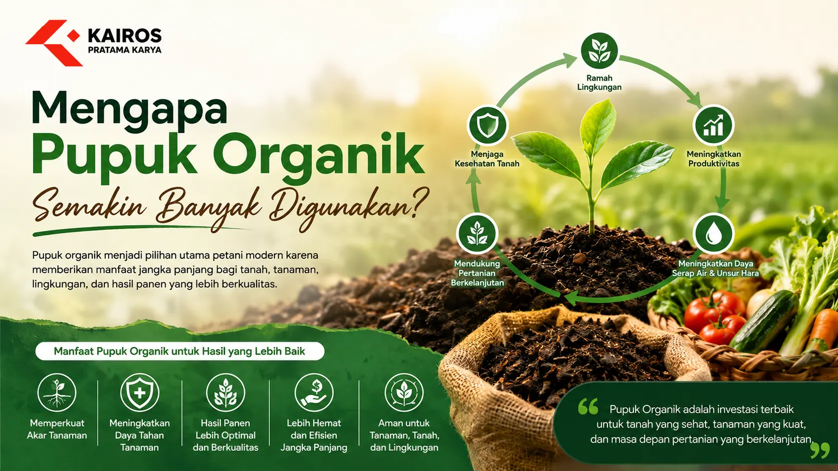 Ilustrasi pupuk organik dengan tanaman hijau subur dan infografis manfaat pupuk organik untuk pertanian berkelanjutan.
