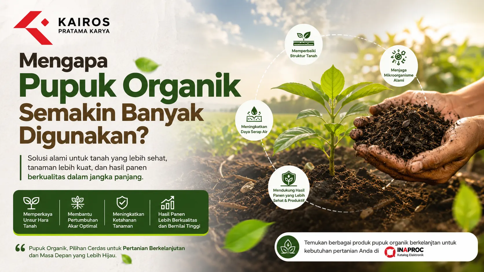 Banner ilustrasi pupuk organik dengan tanaman hijau, tanah subur, yang menggambarkan manfaat pupuk organik untuk pertanian berkelanjutan.