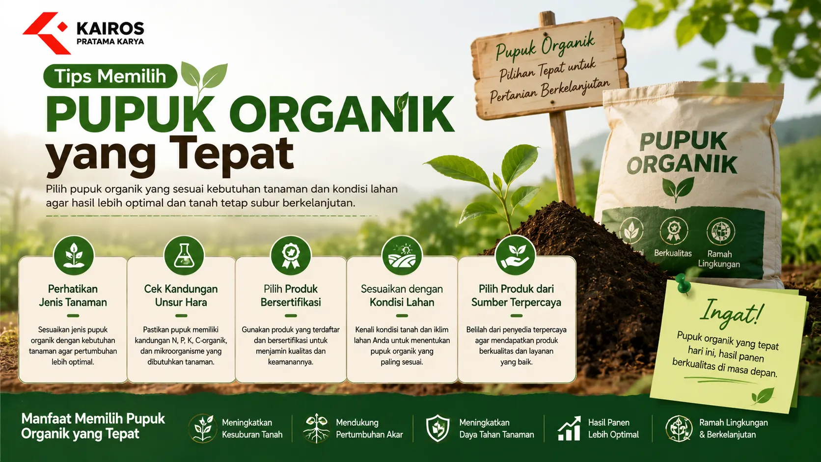 Banner tips memilih pupuk organik yang tepat dengan ilustrasi tanaman hijau, pupuk organik, dan panduan memilih pupuk sesuai kebutuhan pertanian.