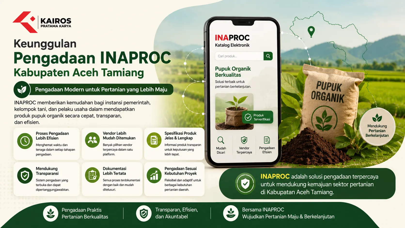 Banner Keunggulan Pengadaan Inaproc Kabupaten Aceh Tamiang menampilkan sistem pengadaan digital pupuk organik yang modern, efisien, dan transparan untuk sektor pertanian.