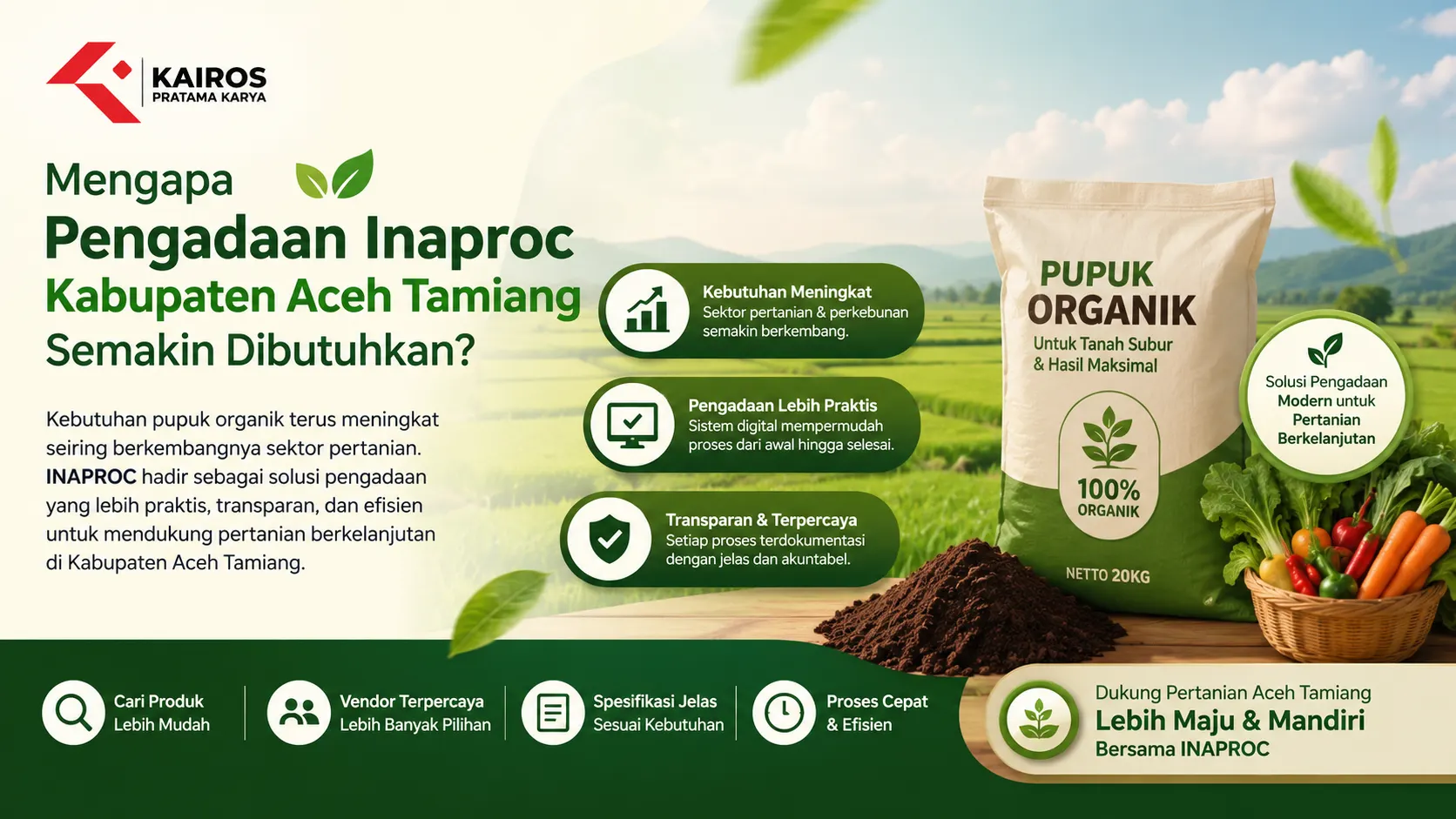 Banner Pengadaan Inaproc Kabupaten Aceh Tamiang menampilkan pupuk organik, lahan pertanian hijau, dan sistem pengadaan digital modern untuk mendukung pertanian berkelanjutan.