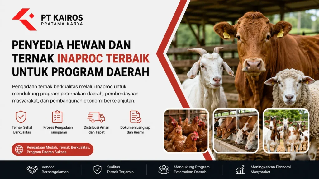 Banner Penyedia Hewan dan Ternak Inaproc menampilkan sapi, kambing, domba, dan unggas untuk mendukung program peternakan daerah.