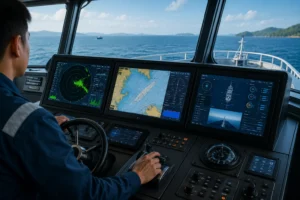 “Operator kapal menggunakan sistem navigasi digital modern di ruang kemudi kapal dengan layar radar dan peta elektronik maritim”