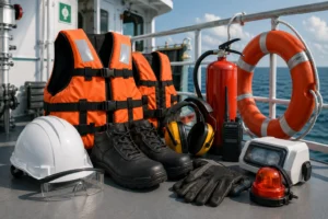 “Ilustrasi perlengkapan keselamatan modern pada kapal laut dengan alat safety lengkap”