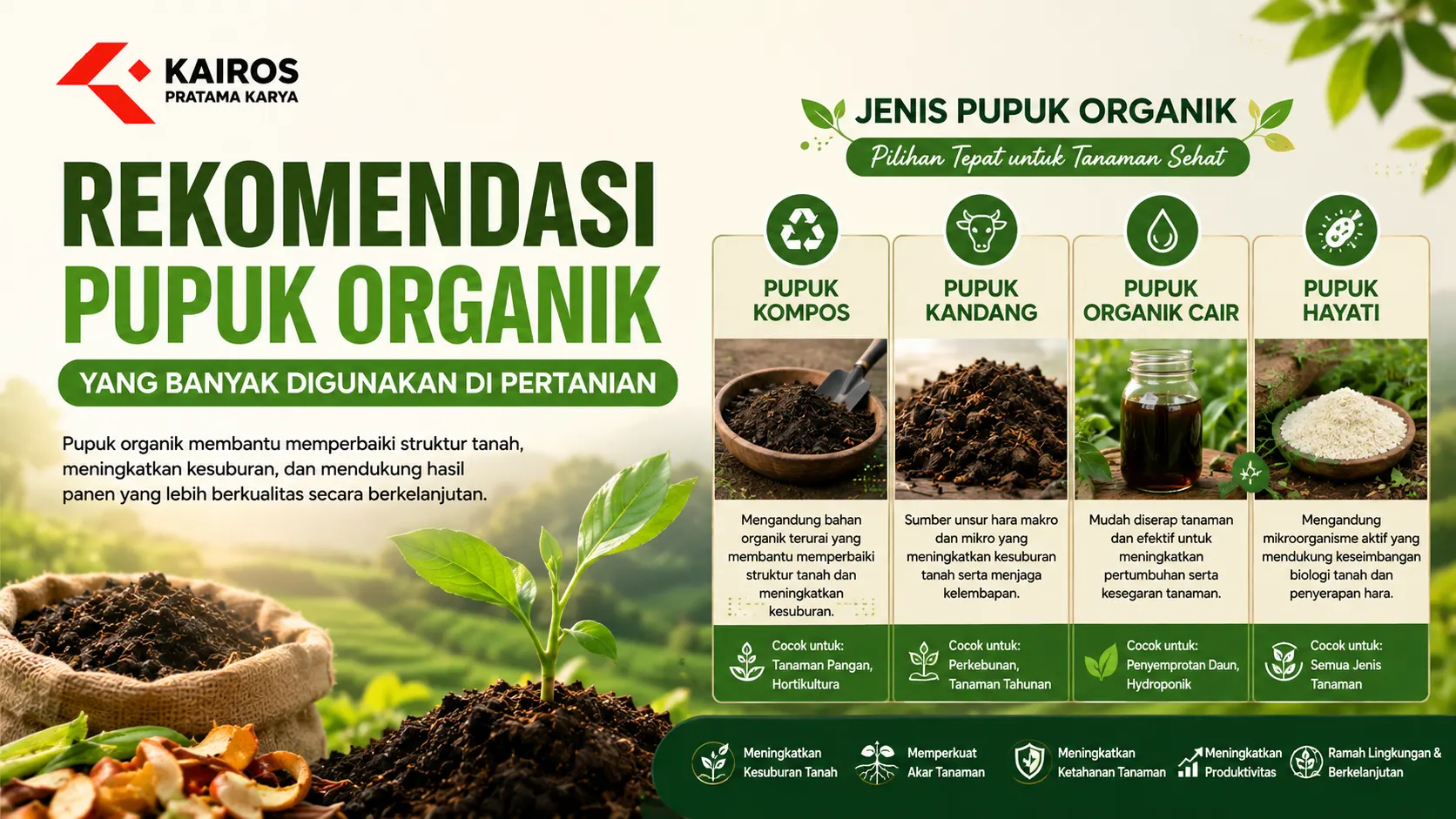 Infografis rekomendasi pupuk organik yang banyak digunakan di pertanian seperti kompos, pupuk kandang, pupuk organik cair, dan pupuk hayati untuk meningkatkan kesuburan tanah.