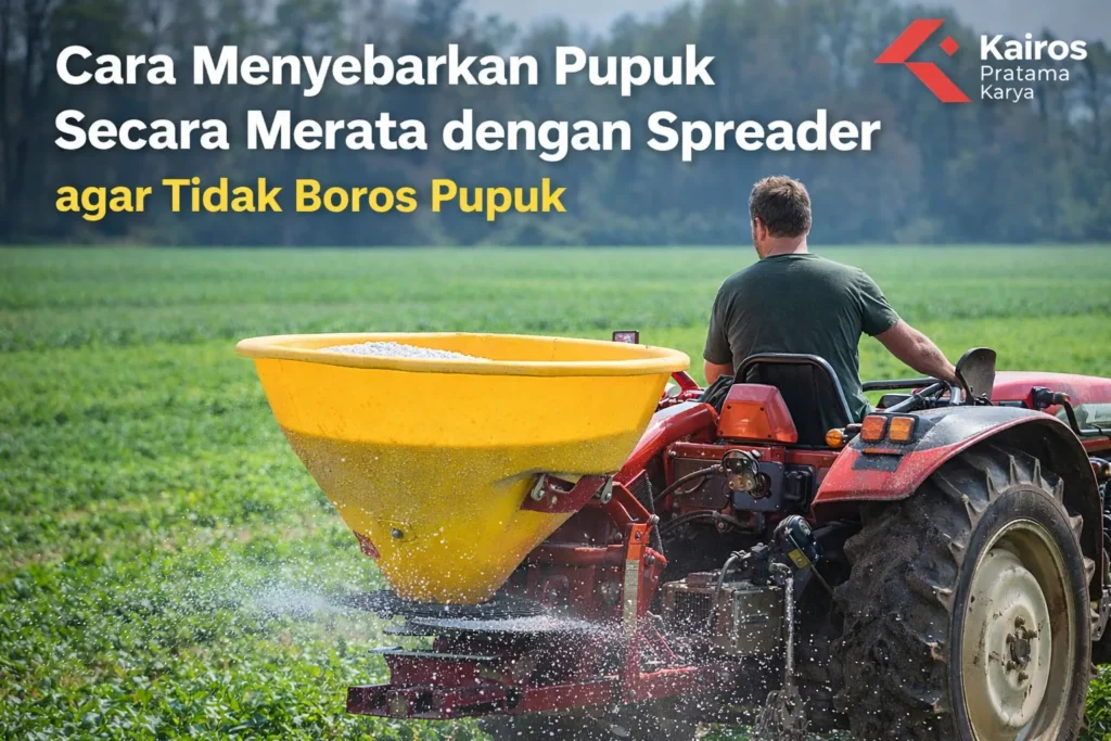 **Alt Image:** cara menggunakan spreader di lahan miring pada area pertanian berbukit dengan traktor modern PT Kairos Pratama Karya