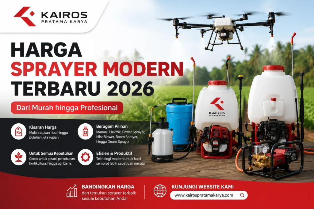 Harga sprayer modern terbaru 2026 mulai dari sprayer manual, elektrik, power sprayer hingga profesional untuk kebutuhan pertanian modern dari Kairos Pratama Karya.