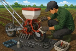 Ilustrasi perawatan seeder pertanian di lahan tanam
