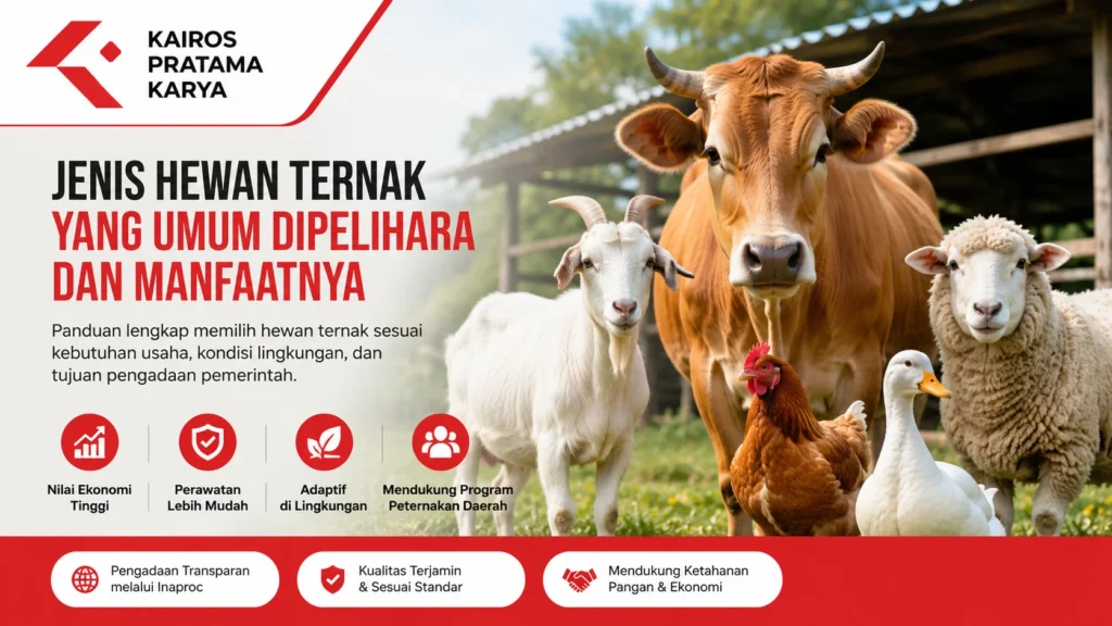Gambar berbagai jenis hewan ternak seperti sapi, kambing, ayam, domba, dan bebek untuk kebutuhan peternakan dan pengadaan pemerintah.
