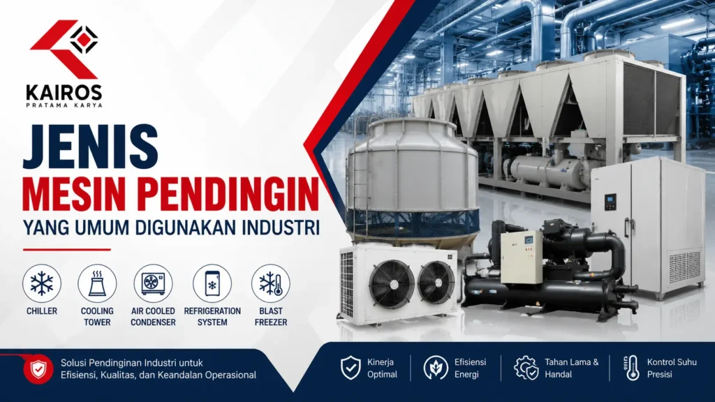 Jenis mesin pendingin yang umum digunakan industri seperti chiller, cooling tower, dan refrigeration system untuk kebutuhan pendinginan industri modern.