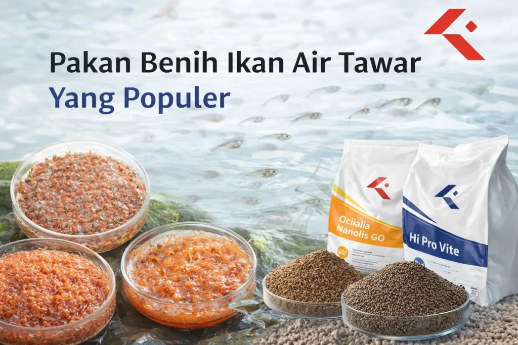 Pakan benih ikan air tawar populer berupa pakan alami dan pelet starter untuk budidaya ikan oleh Kairos Pratama Karya