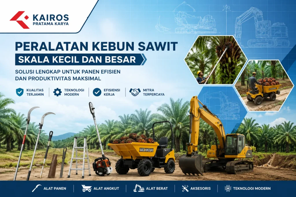 Peralatan kebun sawit skala kecil dan besar untuk panen modern menggunakan dodos, egrek, mini dumper, dan excavator dari Kairos Pratama Karya