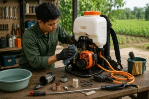 “Ilustrasi perawatan sprayer modern di bengkel pertanian”