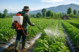 “Ilustrasi petani memakai sprayer power di area pertanian hijau”