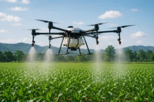 Sprayer drone pertanian modern sedang menyemprot tanaman di lahan pertanian luas