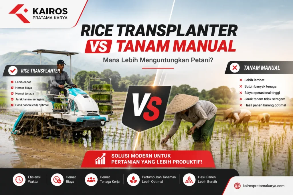 Perbandingan rice transplanter vs tanam manual untuk meningkatkan efisiensi pertanian bersama Kairos Pratama Karya