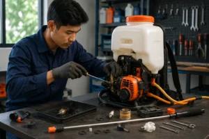 “Ilustrasi seseorang memperbaiki sprayer modern dengan peralatan servis salah satu perawatn spreyer