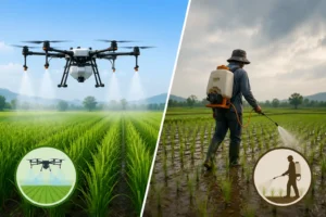 “Ilustrasi perbandingan sprayer drone pertanian vs sprayer manual di area persawahan”