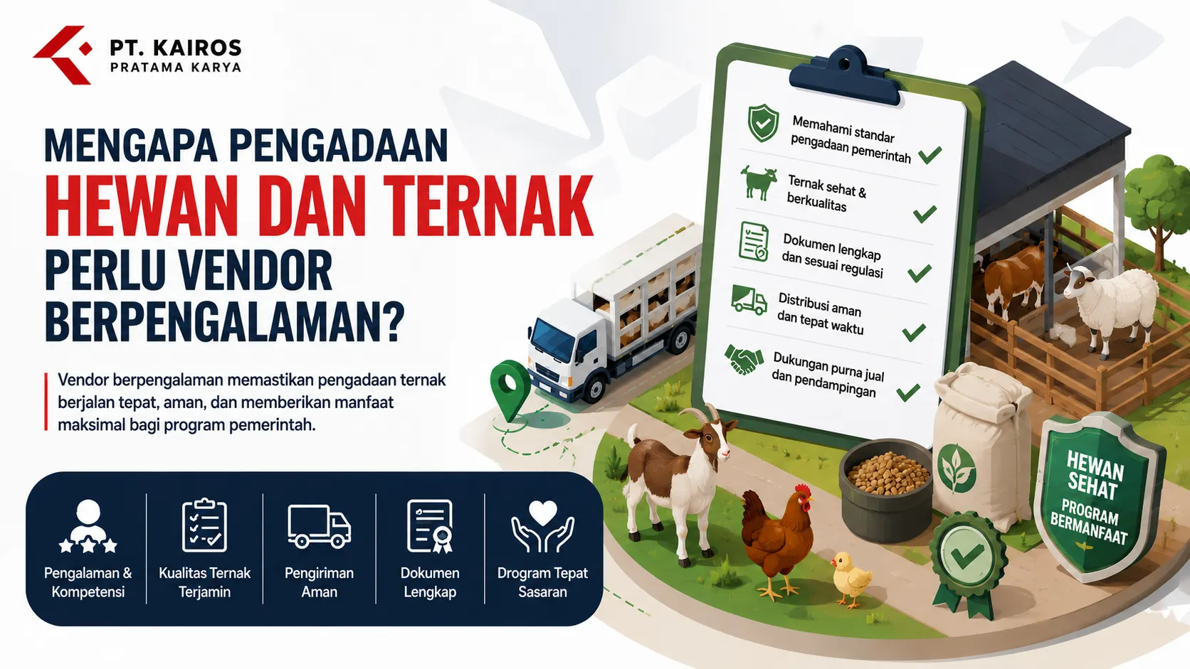 Banner ilustrasi pengadaan hewan dan ternak dengan vendor berpengalaman yang menampilkan proses distribusi ternak, pemeriksaan dokumen, dan peternakan modern untuk kebutuhan pemerintah.