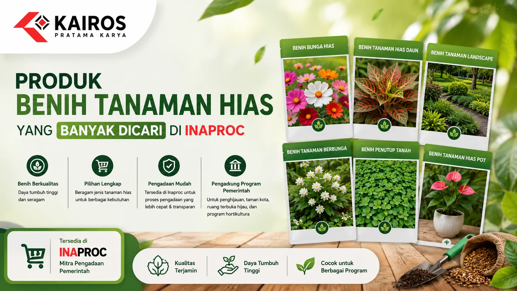 Banner produk benih tanaman hias di Inaproc dari Kairos Pratama Karya yang menampilkan berbagai jenis benih untuk mendukung pengadaan pemerintah.