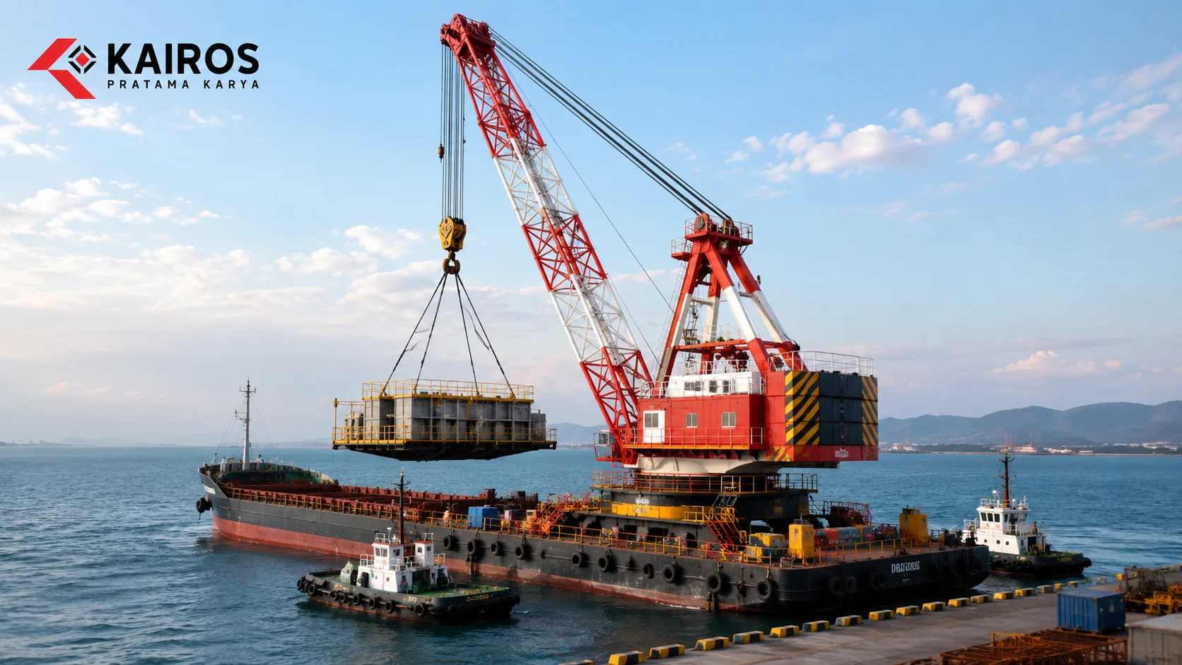Floating crane mengangkat modul konstruksi berat di atas ponton menggunakan sistem boom crane pada area pelabuhan untuk mendukung operasional maritim.