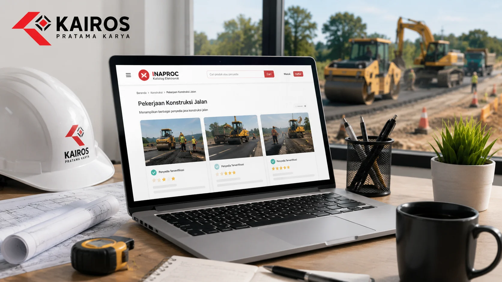 Tampilan pencarian penyedia konstruksi jalan melalui platform pengadaan digital dengan latar proyek pembangunan jalan dan alat berat.