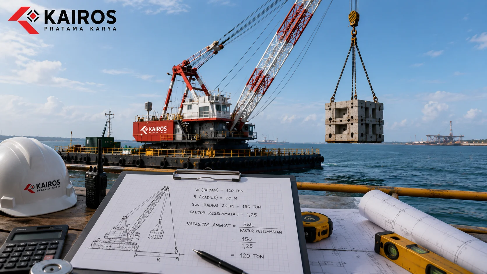 Ilustrasi floating crane yang digunakan untuk proses perhitungan kapasitas angkat berdasarkan berat beban, radius kerja, dan kondisi operasional di area perairan.