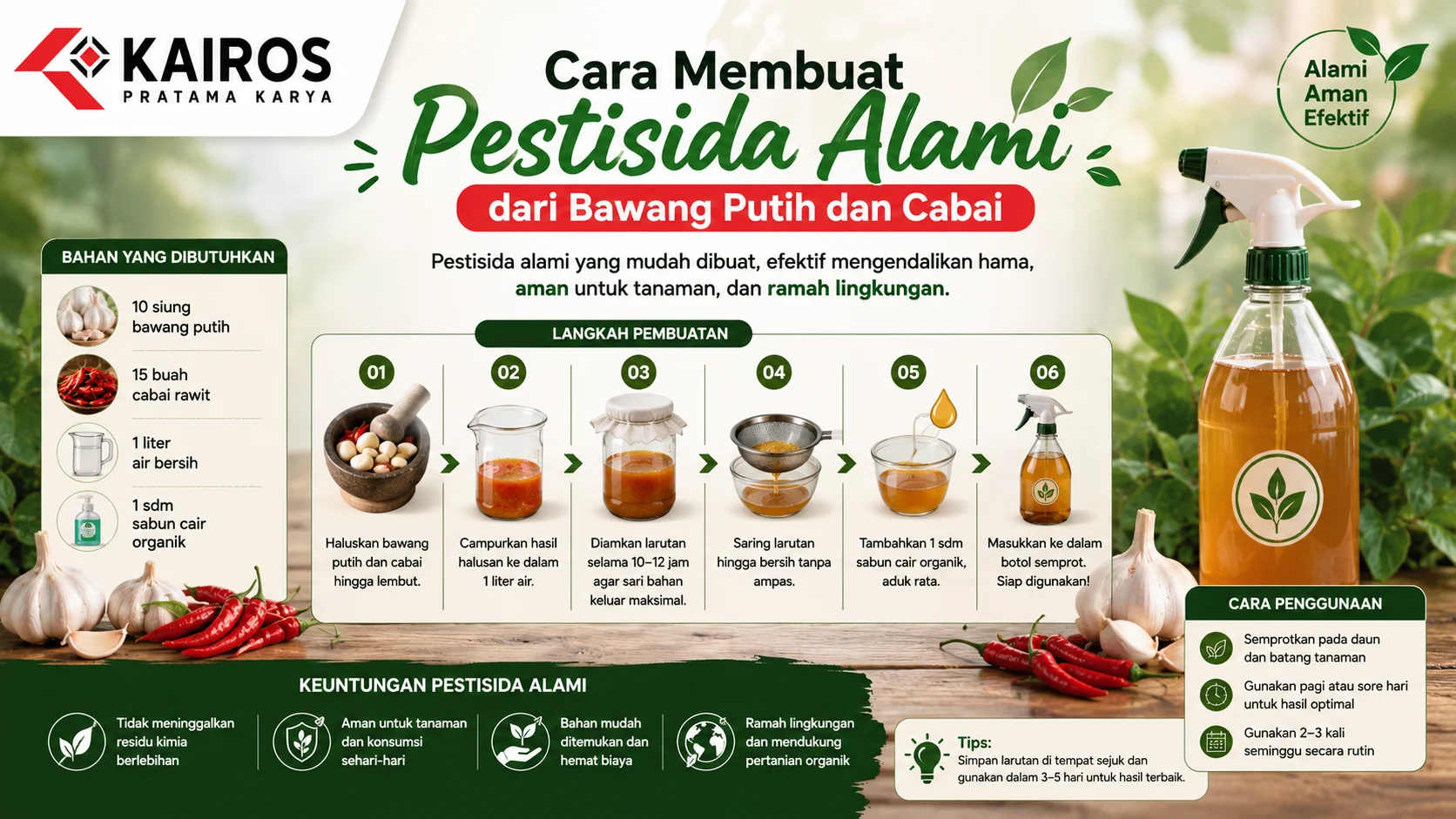 Infografis langkah membuat pestisida alami dari bawang putih dan cabai, lengkap dengan bahan, proses pembuatan, dan cara penggunaan untuk pengendalian hama tanaman.