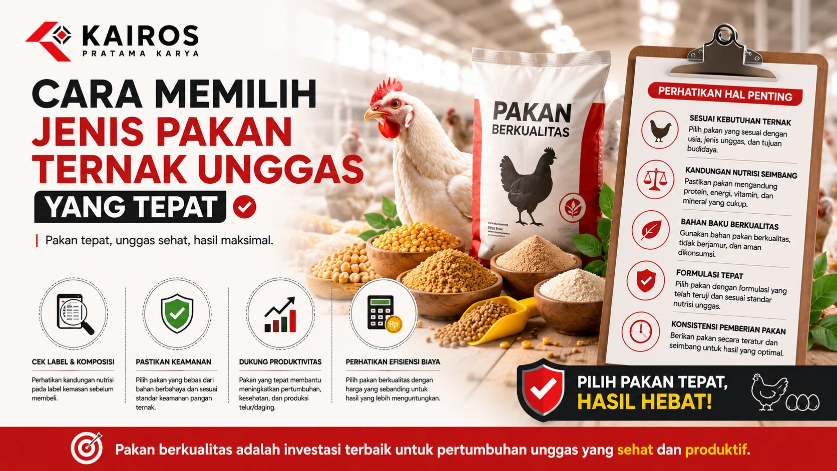 Ilustrasi pemilihan pakan ternak unggas berkualitas dengan bahan nutrisi lengkap, dilengkapi panduan memilih pakan yang sesuai untuk mendukung kesehatan dan produktivitas unggas.