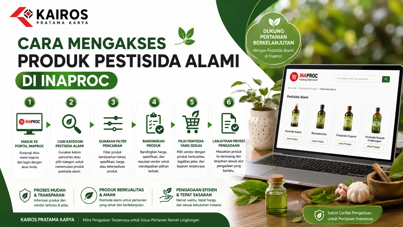 Banner informatif cara mengakses produk pestisida alami di Inaproc, menampilkan langkah-langkah pencarian produk, pemilihan vendor, dan proses pengadaan digital.
