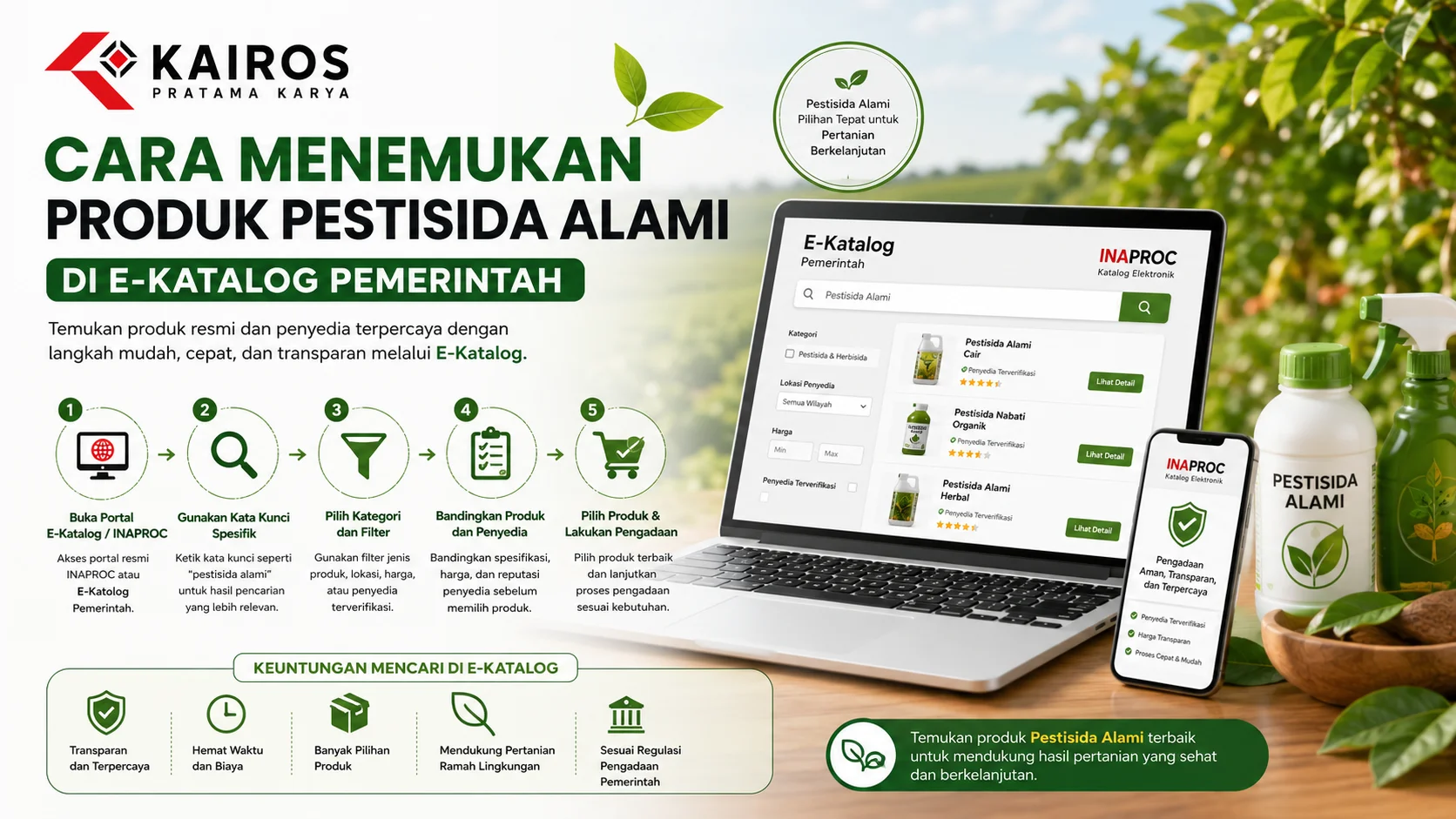 Ilustrasi proses mencari produk pestisida alami di E-Katalog Pemerintah melalui INAPROC menggunakan fitur pencarian, filter kategori, dan perbandingan produk untuk mendukung pengadaan yang lebih mudah dan transparan.