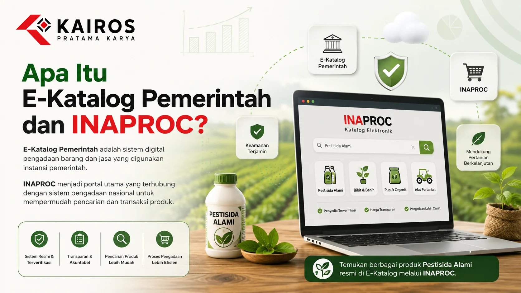 Ilustrasi platform E-Katalog Pemerintah dan INAPROC yang ditampilkan pada layar laptop untuk memudahkan pencarian produk pestisida alami, dilengkapi ikon verifikasi, transparansi pengadaan, dan elemen pertanian berkelanjutan.