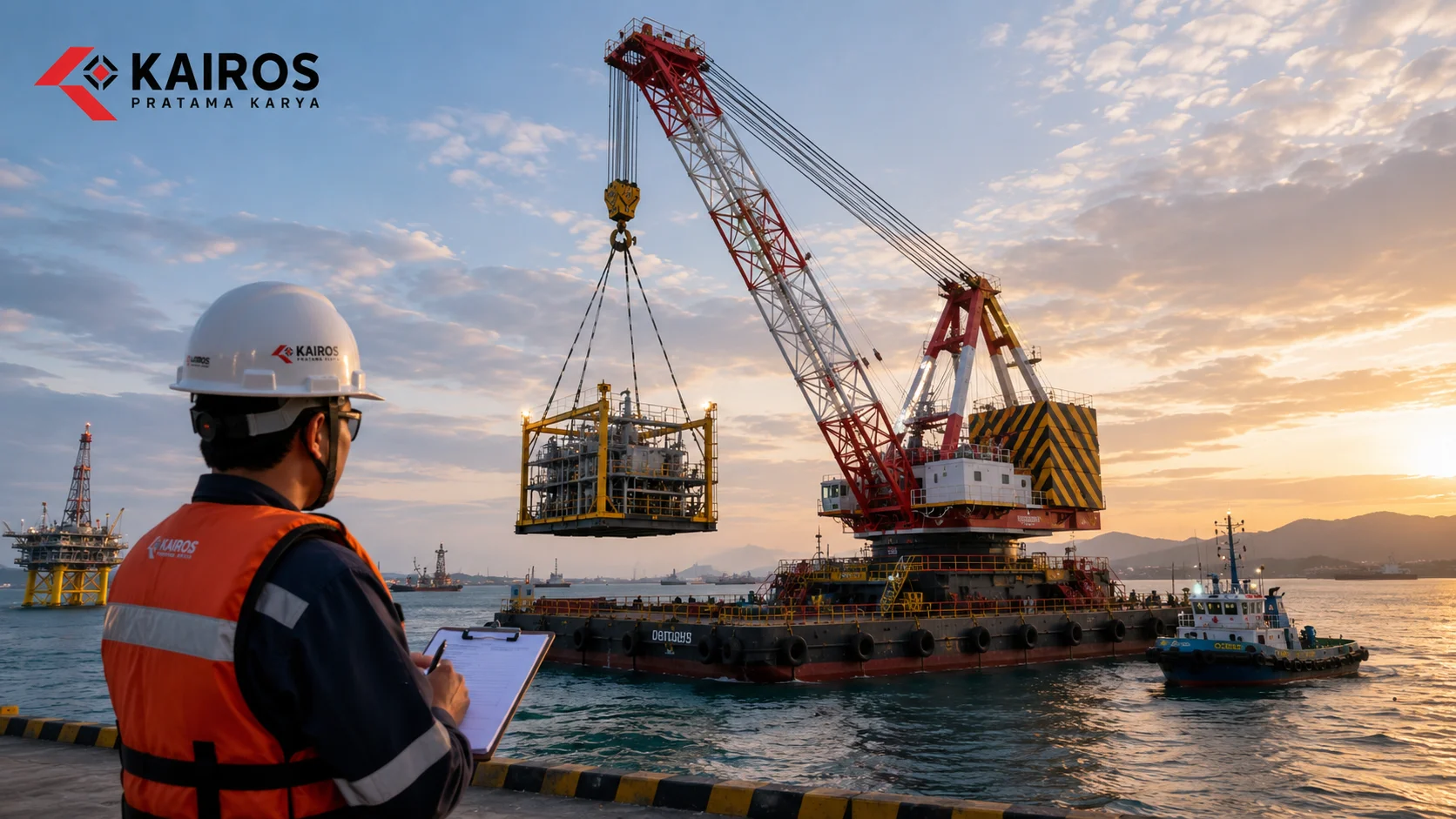Petugas melakukan inspeksi operasional floating crane sebelum proses pengangkatan beban berat di area pelabuhan untuk memastikan keselamatan dan efisiensi kerja.