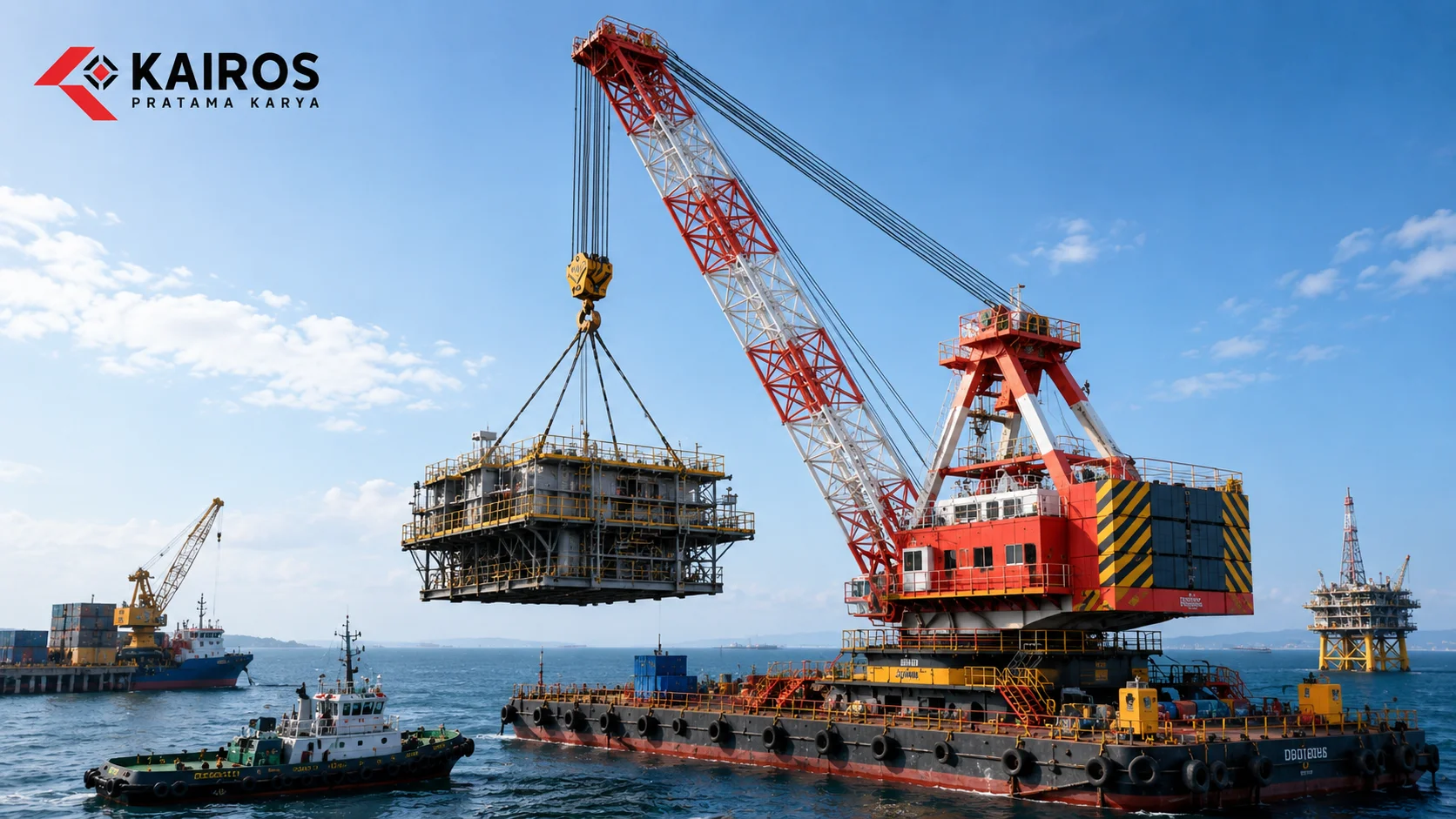 Floating crane mengangkat struktur modular berukuran besar di area perairan untuk mendukung operasional konstruksi dan logistik maritim.
