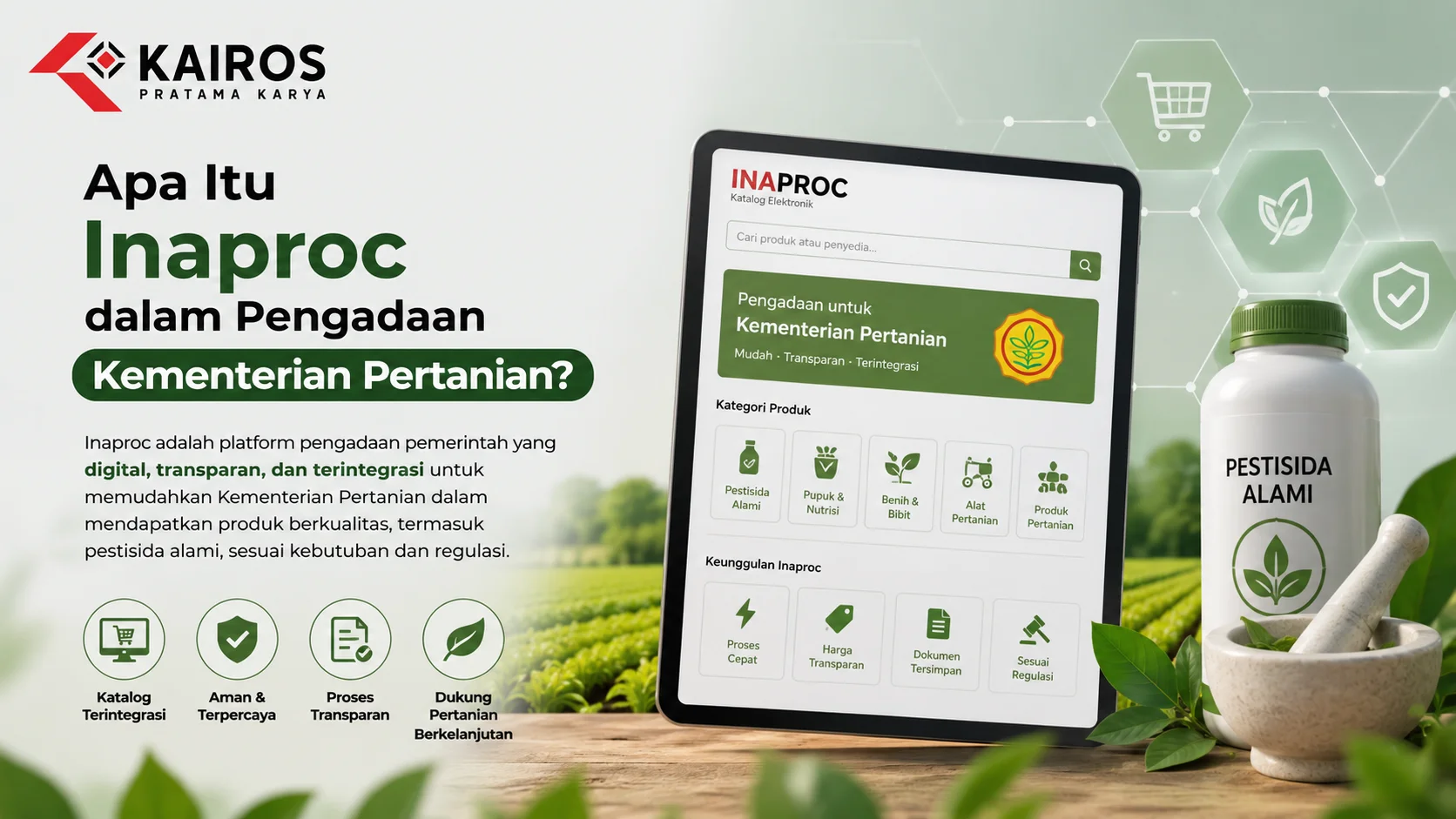 Banner ilustrasi Inaproc untuk pengadaan Kementerian Pertanian yang menampilkan antarmuka katalog digital, produk pestisida alami, ikon transparansi pengadaan.