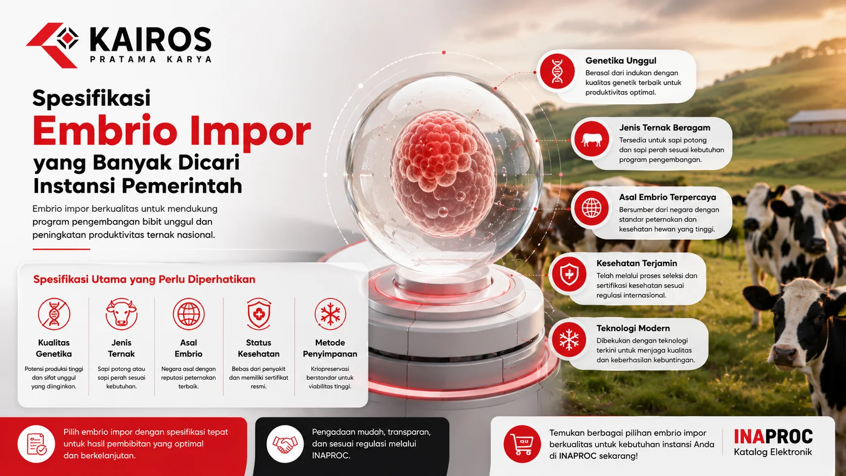 Infografis Spesifikasi embrio impor untuk pengembangan bibit unggul dalam pengadaan Dinas Peternakan melalui INAPROC.