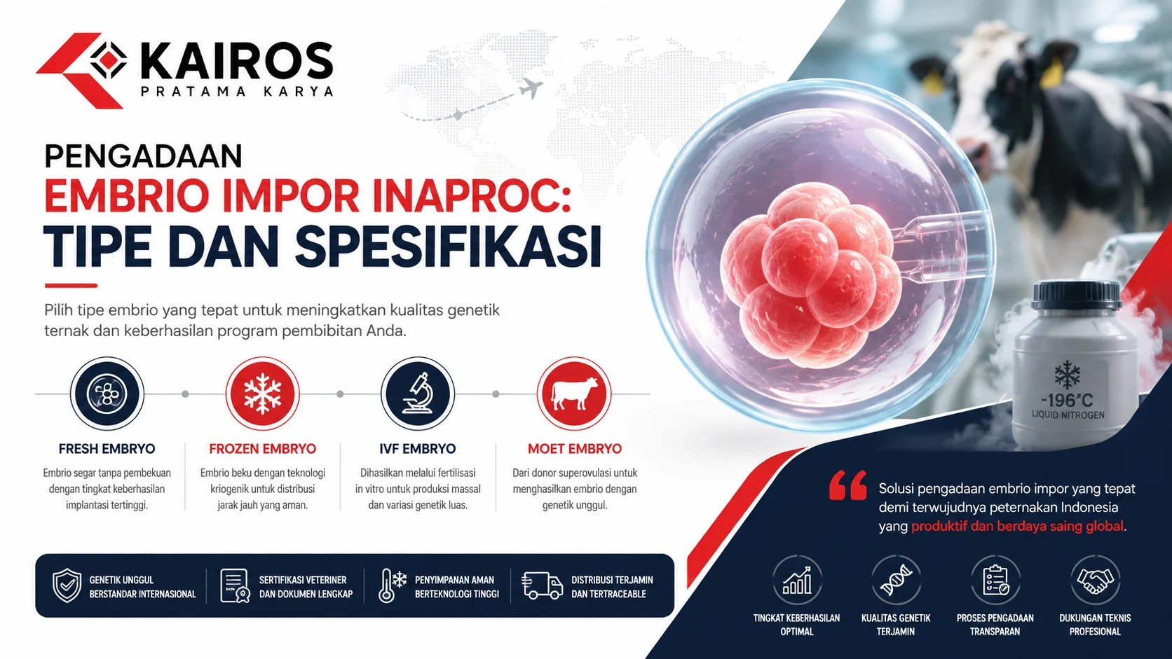 Ilustrasi pengadaan embrio impor di Inaproc yang menampilkan tipe fresh, frozen, IVF, dan MOET untuk mendukung program peningkatan kualitas genetik ternak.