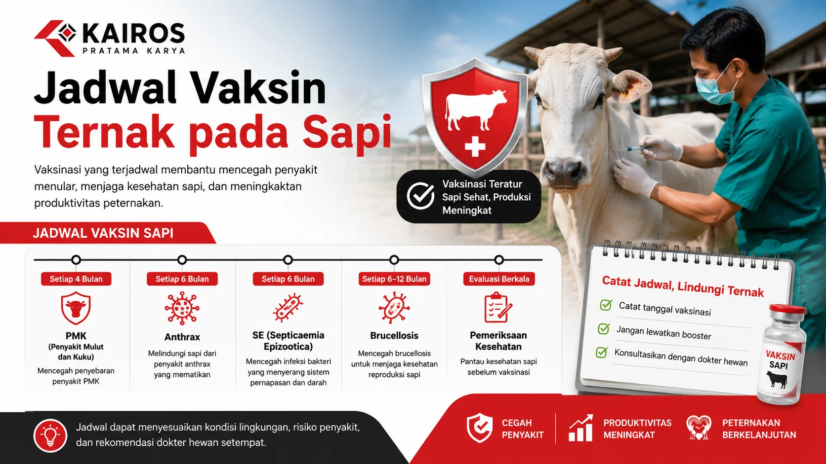 Ilustrasi jadwal vaksin ternak pada sapi yang menampilkan proses vaksinasi, kalender vaksin berkala, dan langkah pencegahan penyakit untuk menjaga kesehatan ternak.