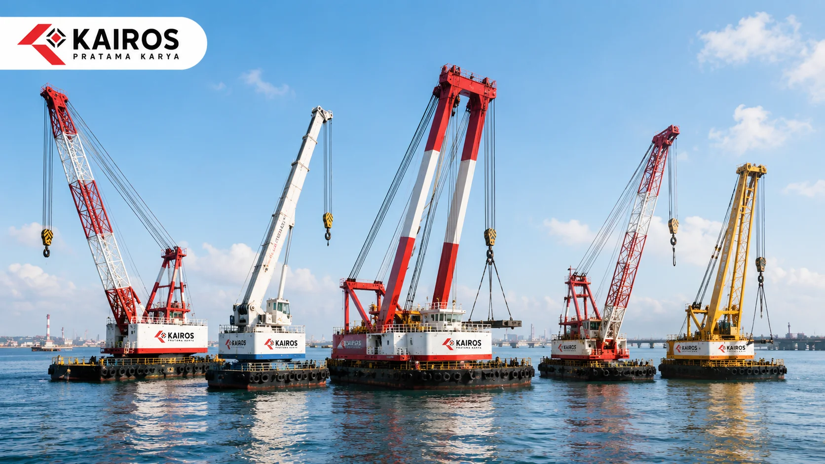 Berbagai jenis floating ship crane di area pelabuhan yang digunakan untuk mendukung pekerjaan pengangkatan material pada proyek maritim.