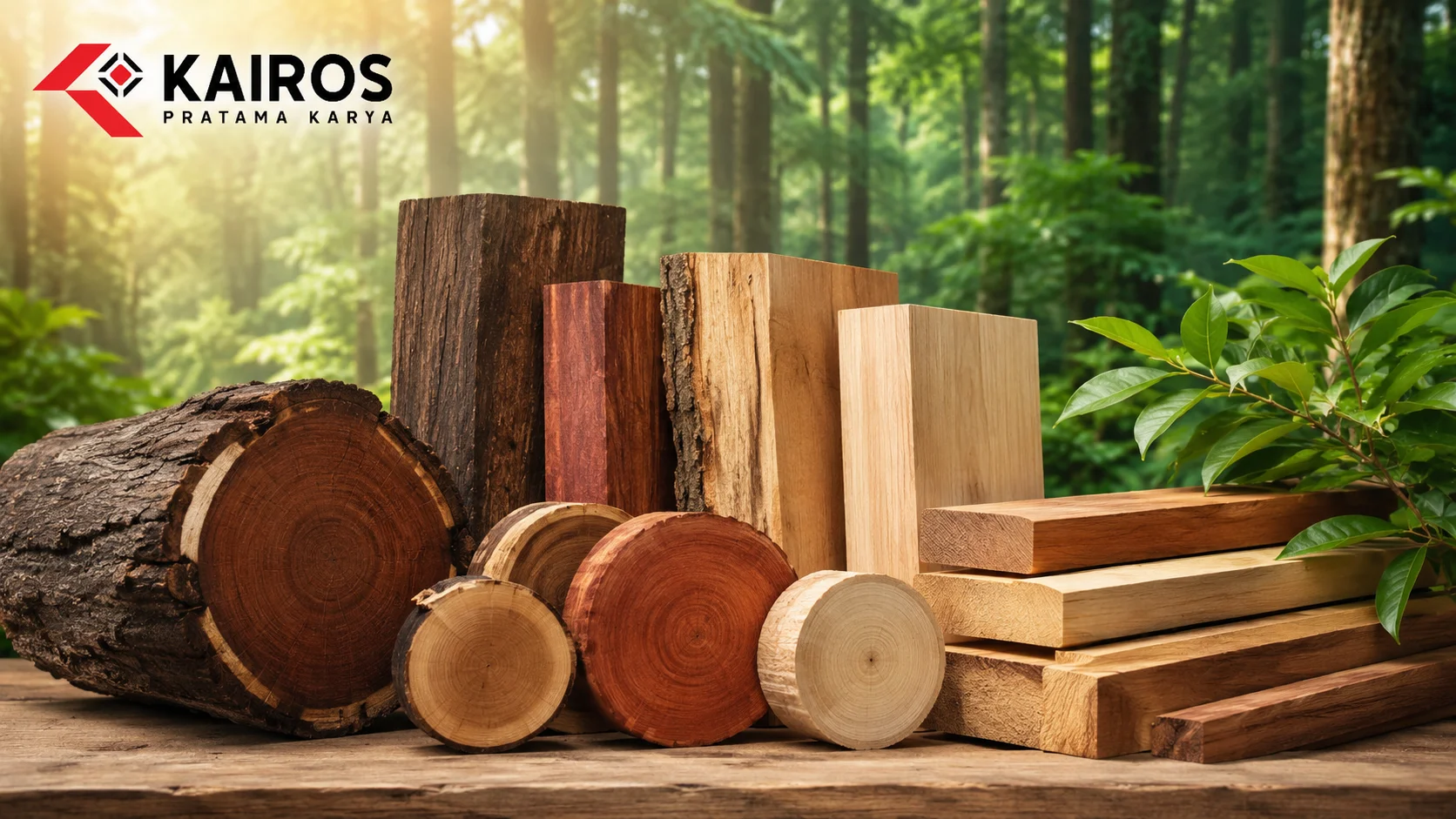 Ilustrasi berbagai jenis hasil hutan kayu Indonesia berupa gelondongan kayu dan papan olahan dengan latar hutan alami.
