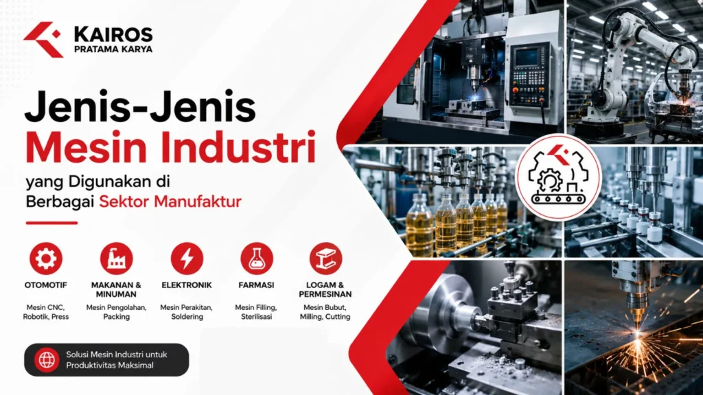 Infografik PT Kairos Pratama Karya berjudul Jenis-Jenis Mesin Industri yang Digunakan di Berbagai Sektor Manufaktur. Menampilkan kumpulan foto lengan robotik otomotif, mesin filling botol minuman, mesin bubut bubutan logam, dan pemotong laser CNC untuk industri farmasi, elektronik, makanan, dan permesinan.