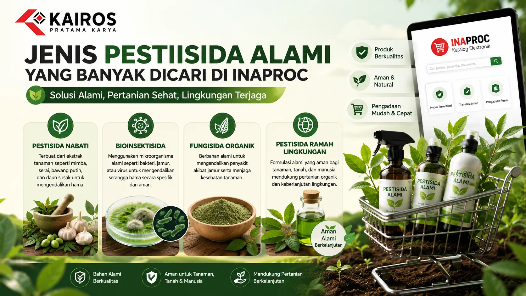 Banner edukatif tentang jenis pestisida alami yang banyak dicari di Inaproc, menampilkan kategori pestisida nabati, bioinsektisida, fungisida organik, dan pestisida ramah lingkungan dengan ilustrasi produk pertanian alami.