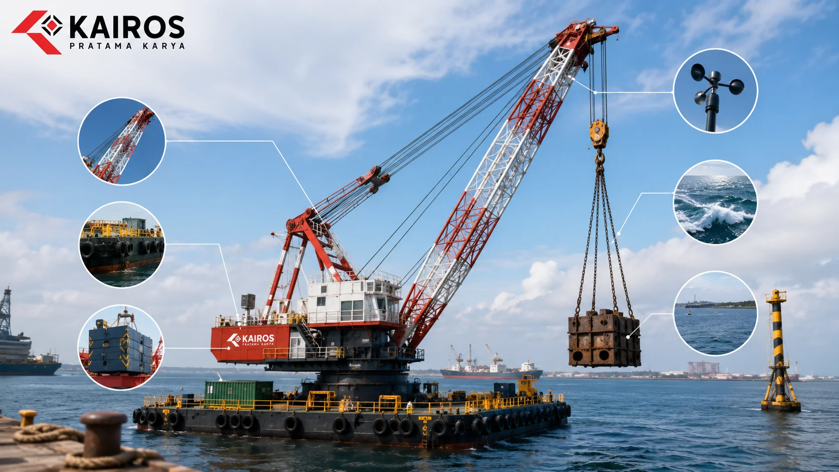 Floating crane mengangkat beban berat di area perairan dengan kondisi operasional yang menggambarkan faktor-faktor yang memengaruhi kapasitas angkat crane terapung.